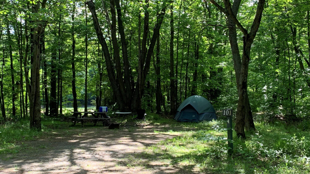 Mature taking a campsite shower